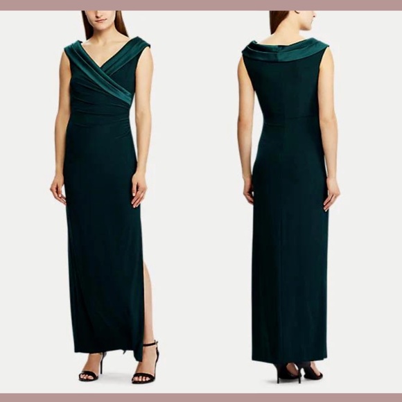 NWT Lauren‎ Ralph Lauren [ 16 ] Leonetta Satin V-Neck Jersey Gown in Green - Picture 4 of 15